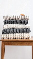 Stack of folded knit sweaters in neutral tones on a wooden side table against white wall