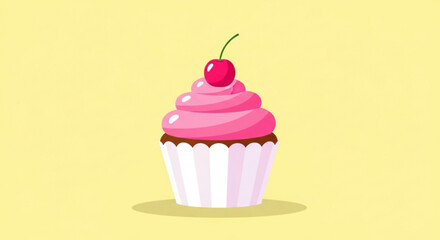 Delicious pink frosted chocolate cupcake with cherry on top isolated on yellow