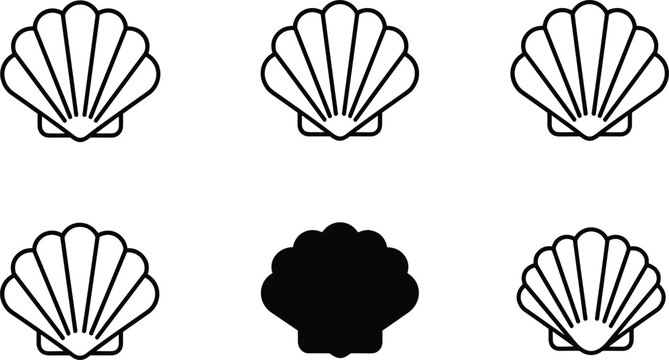 Seashell scallop shell icon set beach ocean marine outline and silhouette vector collection
