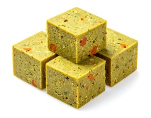 Stack of four textured green cubes with flecks of orange and dark colors on white