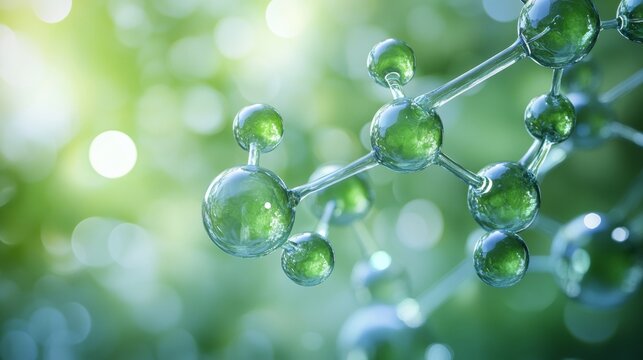 Green molecular structure glowing in soft bokeh background, symbolizing biotechnology, ecology, organic chemistry, and sustainable innovation connecting science with nature and environmental balance.
