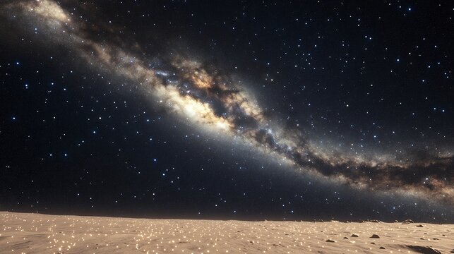 Breathtaking digital painting of the Milky Way galaxy stretching across a dark night sky above a textured, sandy landscape, AI generated artwork, cosmic beauty.