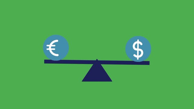 Animated money exchange concept with dollar and euro symbols balanced on scale. Financial equilibrium and currency comparison design