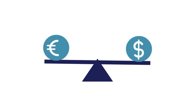 Animated money exchange concept with dollar and euro symbols balanced on scale. Financial equilibrium and currency comparison design