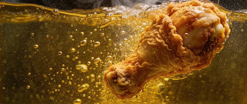 Crispy fried chicken macro sensory close up detail hot oil golden drumstick underwater bubbling deep fryer with crunchy texture and rich flavor juicy leg deep golden oil bubble detail hot cooking