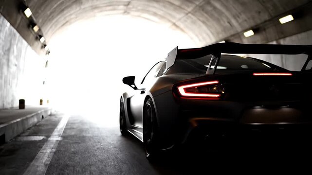 Rear View Sports Car with Spoiler Drives Out of Tunnel into Light