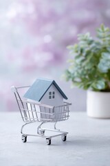 a miniature house model placed on a shopping cart, with a holographic projection effect background