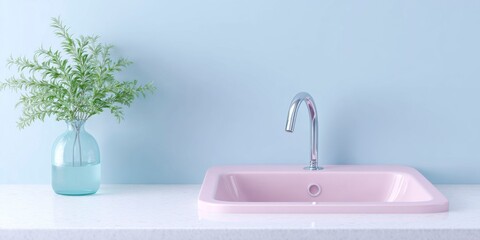 a pink and teal sink with bright light