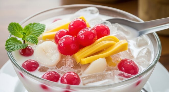 A bowl of tub tim krob (red rubies) in coconut milk, with chestnuts and jackfruit, refreshing and sweet