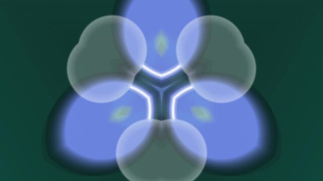 A 3D render of a molecule features transparent glass spheres and liquid drops reflecting bright light against an abstract blue background with soap bubbles and air circles in a vector art design