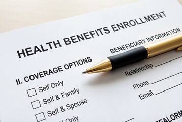 Health benefits enrollment document with gold pen resting on paper showing coverage options section