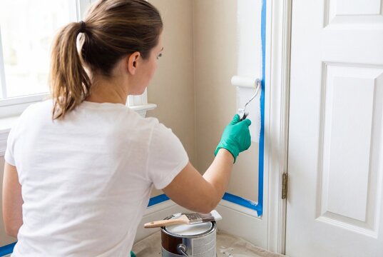 Woman painter using a roller to paint an interior wall