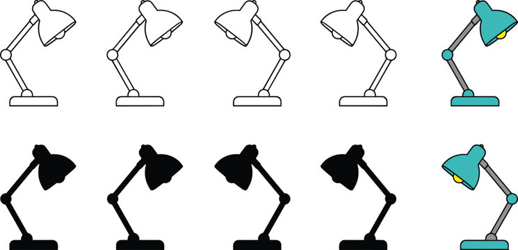Adjustable desk lamp icon set modern office table lighting outline vector collection