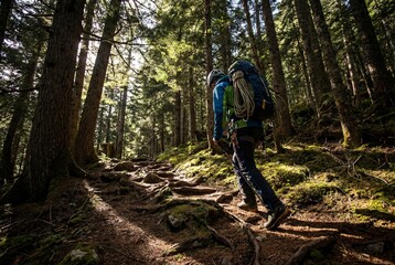 Fototapeta premium Hiker with large backpack walking uphill on forest trail among tall trees