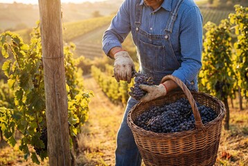 Fototapeta premium Vineyard worker harvesting grapes into basket