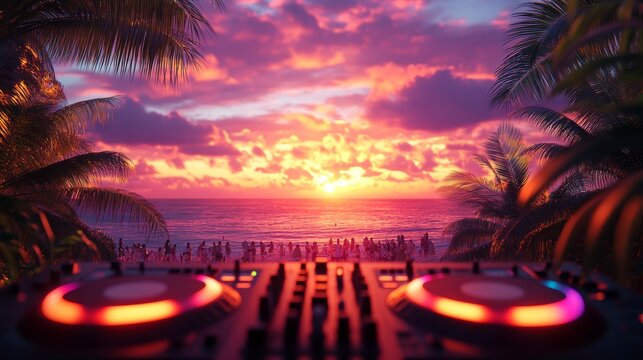 DJ setup on tropical beach at sunset surrounded by palm trees, representing music, summer festival, nightlife, freedom, celebration, tropical paradise and party atmosphere under colorful sky
