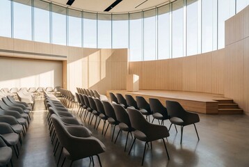 Fototapeta premium Modern auditorium interior with curved rows of seats and wooden stage