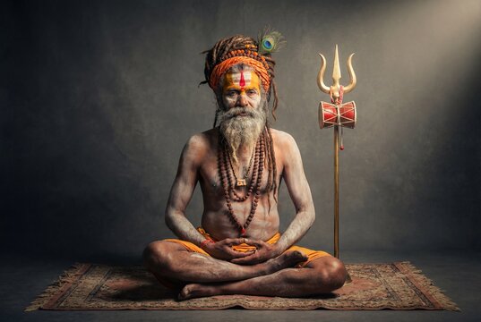 Hindu sadhu with painted face and trident meditating in studio
