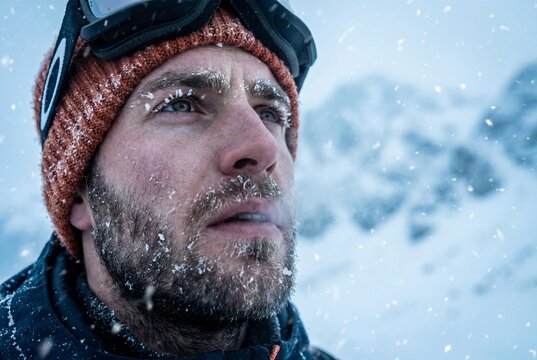 Close up portrait of a male skier frozen face covered in ice and snow during a blizzard