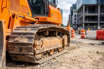 Close up view of the heavy metal track system on a large orange bulldozer at a construction site