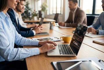 Obraz premium Group of business professionals having a meeting at conference table with laptops