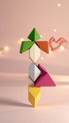 Stacked blocks form a person shape, soft pink background and blurred lights create warmth