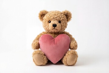 A fluffy light brown teddy bear sits and holds a large pink heart