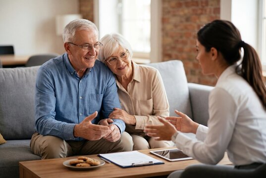 Smiling senior couple sitting on sofa discussing retirement plans with female financial advisor