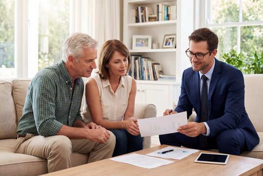 Professional financial advisor discussing retirement plan with senior couple at home