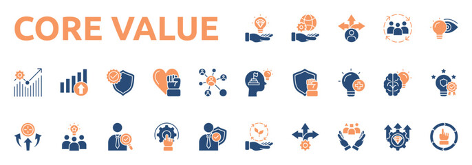 Core Value icon set two color style with responsibility, guidance, inclusion, vision, development, growth, integrity, passion icons