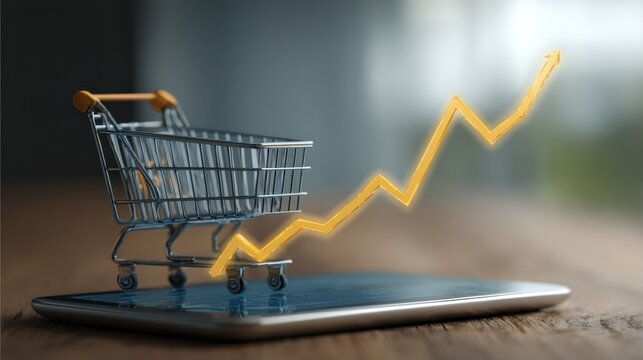 Shopping cart on smartphone with upward trend arrow representing online retail growth and e-commerce success in modern digital market environment