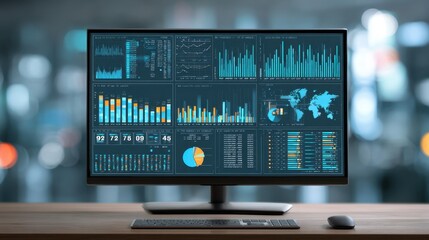 Modern computer monitor displaying data visualization, charts, graphs, and analytics in a bright and dynamic office environment with blurred background