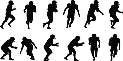 American football player silhouettes collection in running and defensive action poses isolated on white background, professional sport team concept illustration © Shahariar's World
