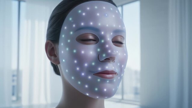 Woman With Led Facial Mask Performing Skincare Treatment in Modern Spa
