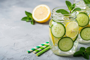 Fototapeta premium Refreshing Detox Water with Cucumber Lemon and Mint in Mason Jars with Striped Straws