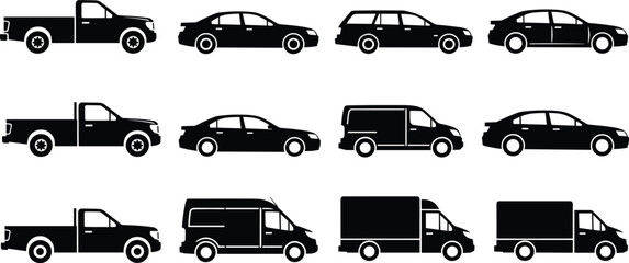 Set of vehicle silhouettes including cars, pickup trucks and delivery vans isolated on white background, transportation and automotive collection illustration © Shahariar's World