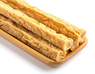 Stacked, rectangular, yellowish food bars on a light bamboo tray, isolated on white