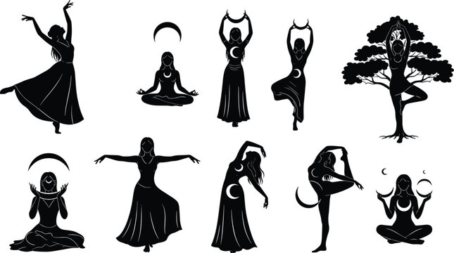 Yoga woman silhouettes collection, meditation and dance poses set, mystical feminine figures, isolated black vector, spiritual wellness illustration pack