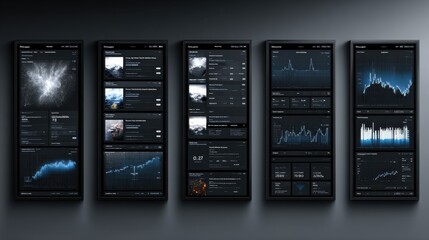 Fototapeta premium Modern Data Visualization Dashboard with Dark Theme and Interactive Graphs for Business Analysis and Financial Monitoring in a Tech Environment