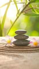 Stacked smooth stones atop sand with delicate white flowers in a peaceful scene