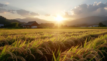 Golden Rice Paddy Fields at Sunset in Rural Japan