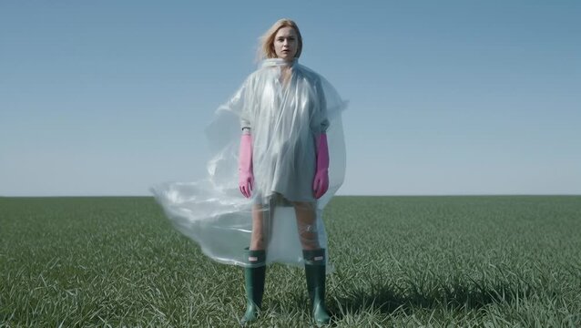 Woman in Plastic Poncho and Pink Gloves Standing in a Green Field Under Blue Sky