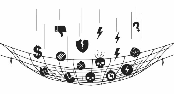 Concept of risk management and financial safety net with falling icons.