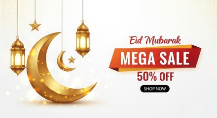 Golden crescent moon and lanterns for eid mubarak sale banner isolated on white background