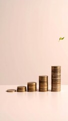 Stacks of coins increase in height, with a tiny leaf on the tallest stack