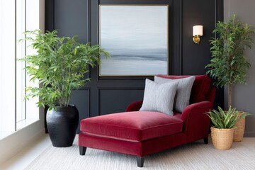 Fototapeta premium a large red velvet chaise lounge in front of a black wall with an abstract painting on it, modern mansion decor, a rug, and a wall sconce