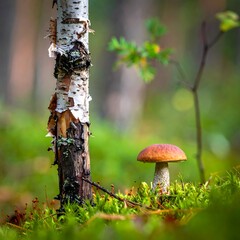 Orange-capped mushroom grows near birch tree, surrounded by moss in a forest