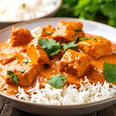 Orange-hued dish with sauce, tofu cubes and white rice. Garnish of green cilantro
