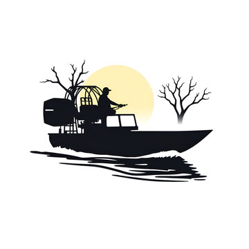 USA Airboat Silhouette Vector, Flat Clipart of Classic Swamp Boat, Airboat Vector Art for Logos, Print, Design, and Decoration