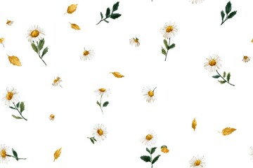 Obraz premium Whimsical watercolor daisies and leaves scattered freely across a white background, evoking the playful charm of a handpicked garden bouquet.
